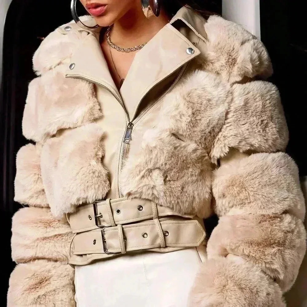 Khaki Casual Women's Faux Fur Spliced Faux Leather Double Belt Slim Warm Jacket - Picture 7 of 7